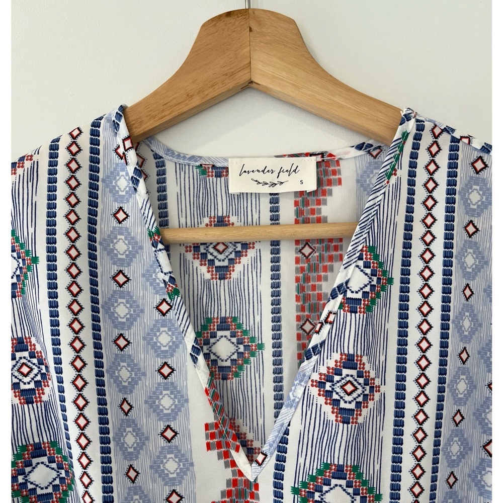 Lavender Field Geometric Pattern V Neck Flounce S… - image 5